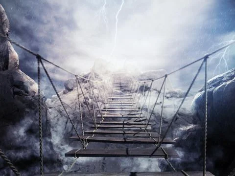 3D Rendering unstable bridge during a thunderstorm Stock Illustration