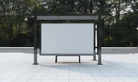 3D rendering of an urban sidewal with a bus stop shelter and a blank billboar Stock Illustration