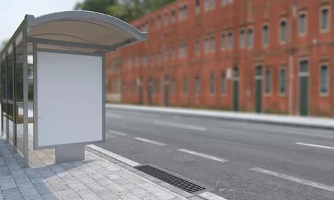 3D rendering of an urban street with a bus stop shelter and a blank billboard Stock Illustration