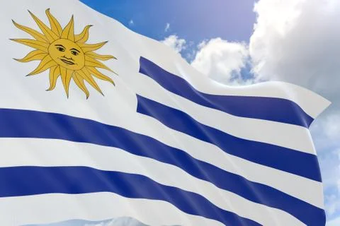 3D rendering of Uruguay flag waving on blue sky background Stock Illustration