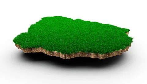 3D rendering of the Uruguay map made of solid and grass on a white background Illustrazione stock