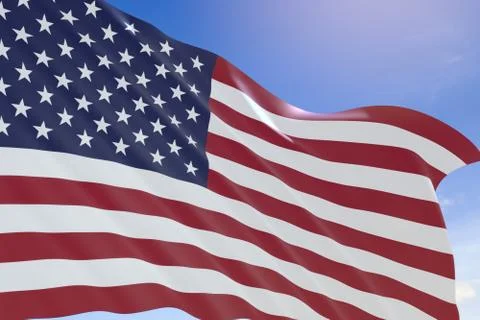 3D rendering of USA flag waving on blue sky background Stock Illustration