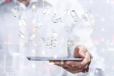 3D rendering of User Interface medical icons over a hand holding a phone- medica Foto stock