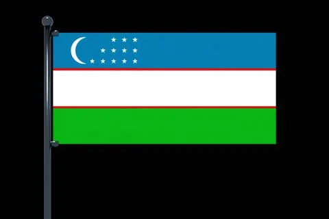 3D rendering of Uzbekistan flag with chrome flag pole with snap hooks on black b Stock Illustration