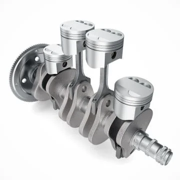 3D Rendering V4 engine pistons and cog isolated on white background. Pistons and Stock Illustration