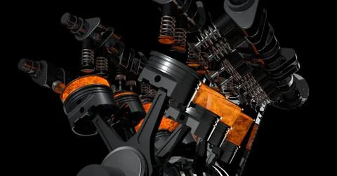 3D Rendering of V8 engine with explosions Illustrazione stock