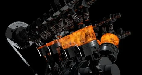 3D Rendering of V8 engine with explosions Illustrazione stock