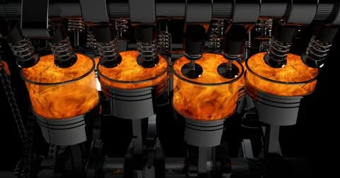 3D Rendering of V8 engine with explosions Stock Illustration