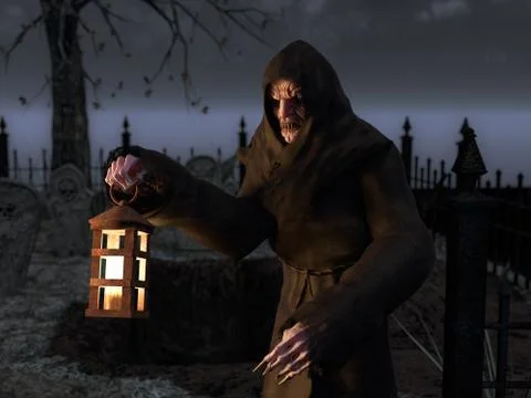 3D rendering of vampire creature on graveyard. Illustrazione stock