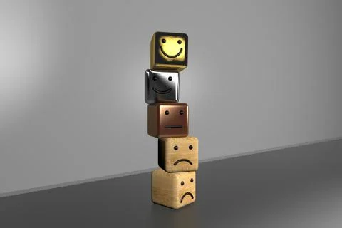3d rendering vertical column of cubes with facial expressions Stock Photos