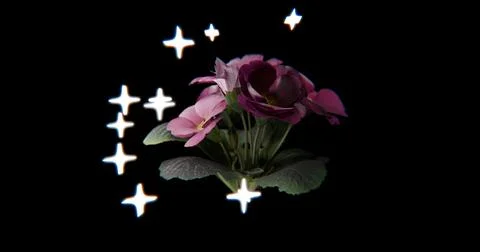 3D rendering of vibrant purple flowers with green leaves surrounded by glow.. Ilustración de archivo
