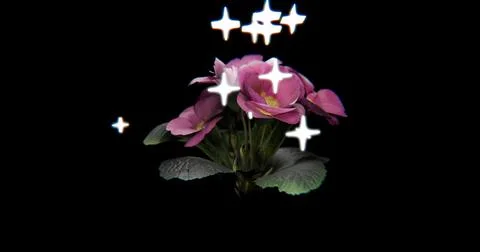 3D rendering of vibrant purple flowers with green leaves surrounded by glow.. Ilustración de archivo