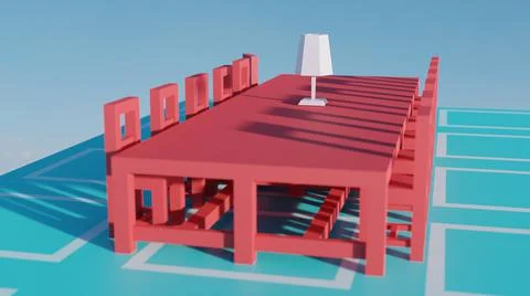 A 3D rendering of a vibrant red dining table with small chairs all around it  Stock Illustration