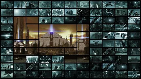 3d rendering. Video wall with futuristic ancient city Stock Illustration