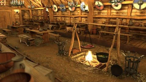 3D Rendering Viking Long House Stock Illustration