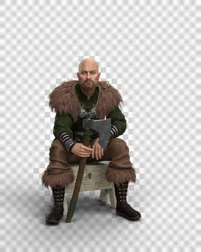 3D rendering of a Viking man sitting on a wooden stool wearing warrior costum Stock Illustration