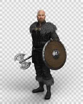 3D rendering of a Viking warrior man standing with a double headed axe and a  Illustrazione stock
