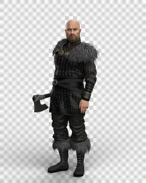 3D rendering of a Viking warrior man with beard and bald head standing with a Stock Illustration