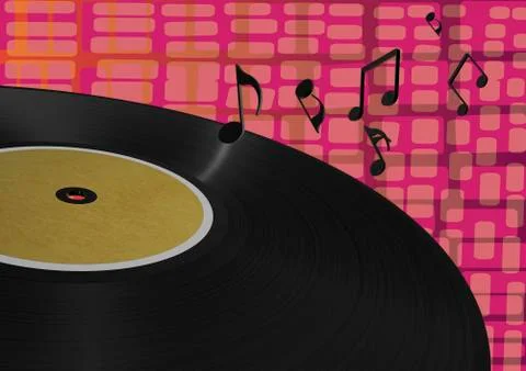 3D Rendering, Vinyl record with musical notes against patterned background Foto stock