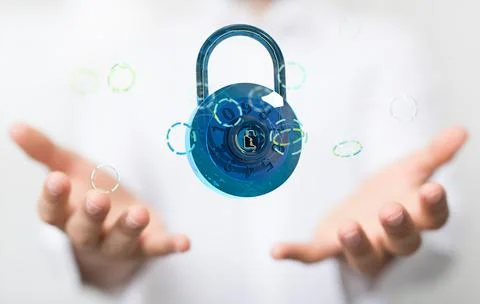 A 3D rendering of virtual lock; cybersecurity and information or network prot Stock Photos