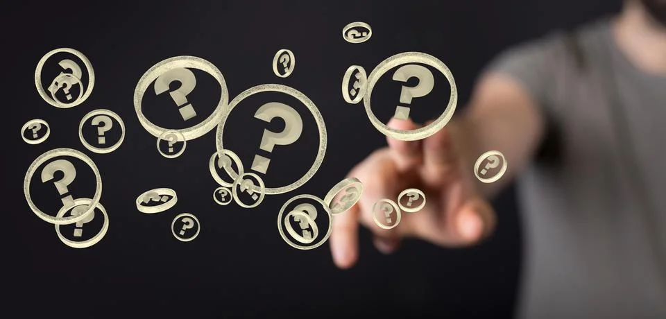 3D rendering of the virtual question mark icons symbolizing problem-solving Stock Photos
