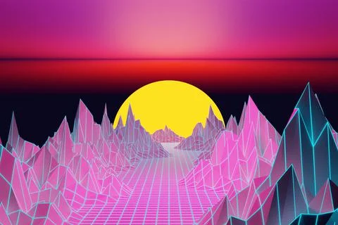 3d rendering, Virtual reality, road from geometric lines between the mountain Stock Illustration