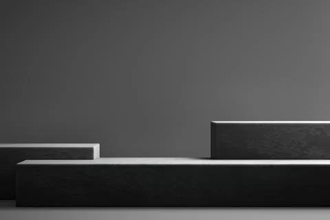 3D rendering of a virtual showroom with dark marble blocks and space for text Stock Illustration