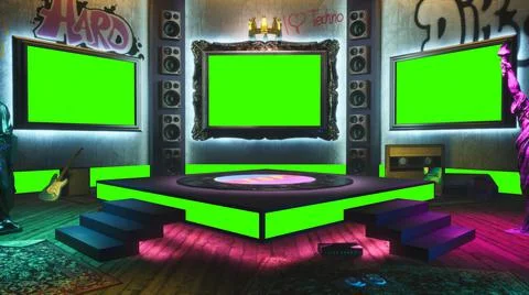 3D rendering Virtual studio with music stage. Green screen displays Stock Illustration