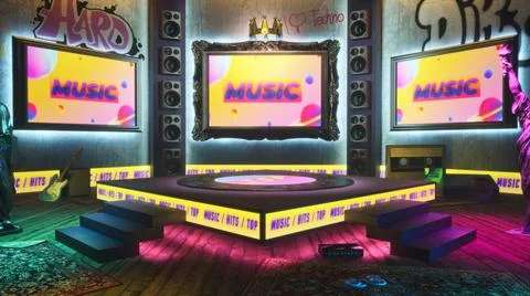 3D rendering Virtual studio with music stage. Displays with banners mock up Stock-Illustration