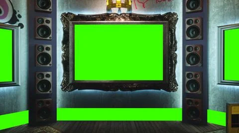 3D rendering Virtual studio with music stage. Displays with green screen banners Stock Illustration