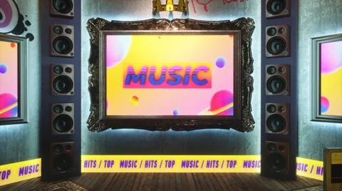 3D rendering Virtual studio with music stage. Displays with screen banners mock Stock Illustration