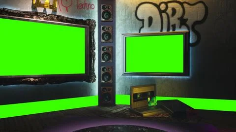 3D rendering Virtual studio with music stage. Displays with green screen banners Stock Illustration