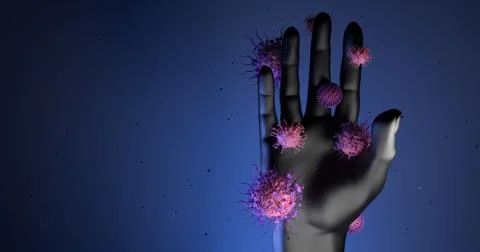 3d rendering of virus and hand. Stock Illustration