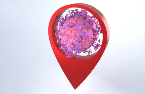 3d rendering of virus and location icon. Stock Illustration