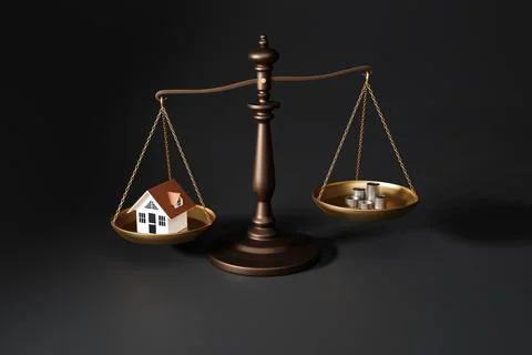 3D Rendering of a visual representation of balance showing a house on one s.. Stock Illustration