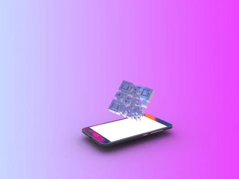 3D rendering of a volumetric QR code hovering over the phone. A neoglow glow Stock Photos