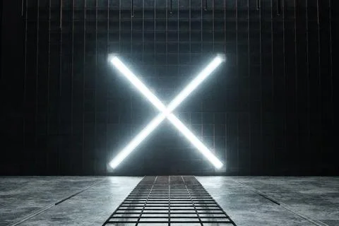 3d Rendering von aufhellen X Alphabet Form auf rostigen Mesh und Grunge Wa... Stock Photos
