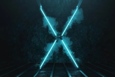 3d Rendering von lighten X Metall Form auf Grunge Boden umgeben von Rauch ... Stock Photos