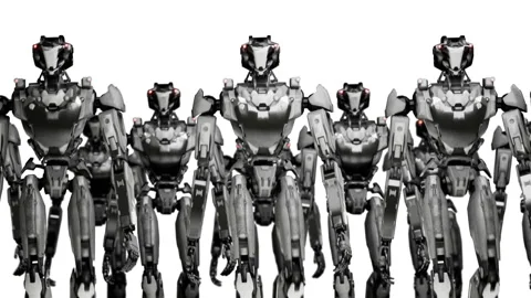 3d rendering of walking robotics army, industrial group of cyborg machines on Stock Footage 261036853