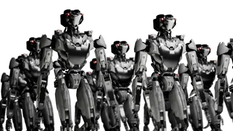 3d rendering of walking robotics army, industrial group of cyborg machines on Stock Footage 261038115