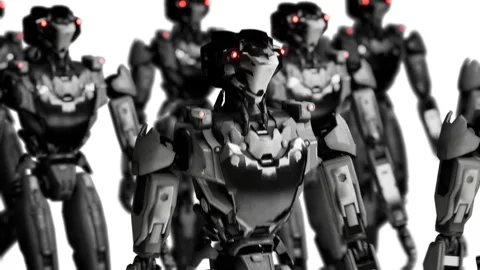3d rendering of walking robotics army, industrial group of cyborg machines on Stock Footage 261196509