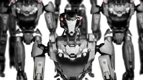 3d rendering of walking robotics army, industrial group of cyborg machines on Stock Footage 261428111