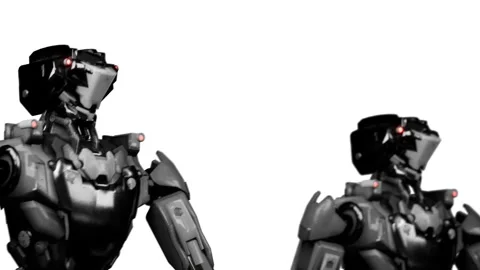3d rendering of walking robotics army, industrial group of cyborg machines on Stock Footage 261437041