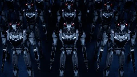 3d rendering of walking robotics army, industrial group of cyborg machines on 库存插图