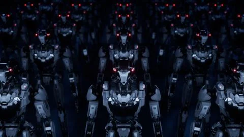 3d rendering of walking robotics army, industrial group of cyborg machines on Stock Illustration