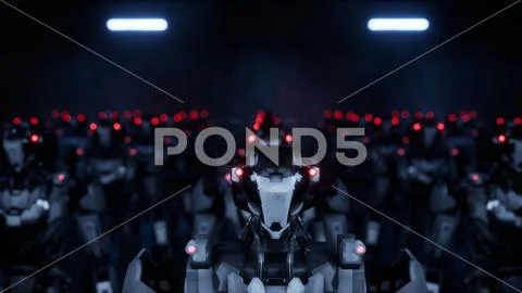 3d rendering of walking robotics army, industrial group of cyborg ...