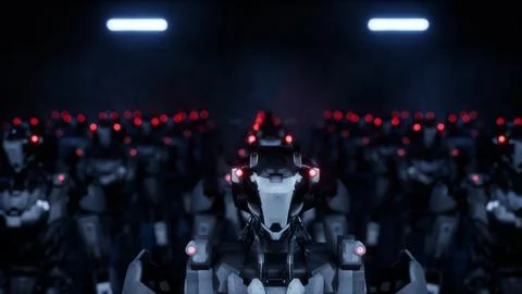 3d rendering of walking robotics army, industrial group of cyborg machines on Stock Illustration