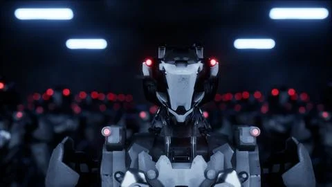 3d rendering of walking robotics army, industrial group of cyborg machines on 库存插图