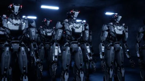 3d rendering of walking robotics army, industrial group of cyborg machines on Stock Illustration