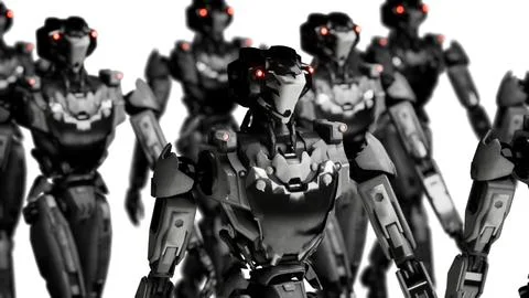 3d rendering of walking robotics army, industrial group of cyborg machines on Stockillustratie
